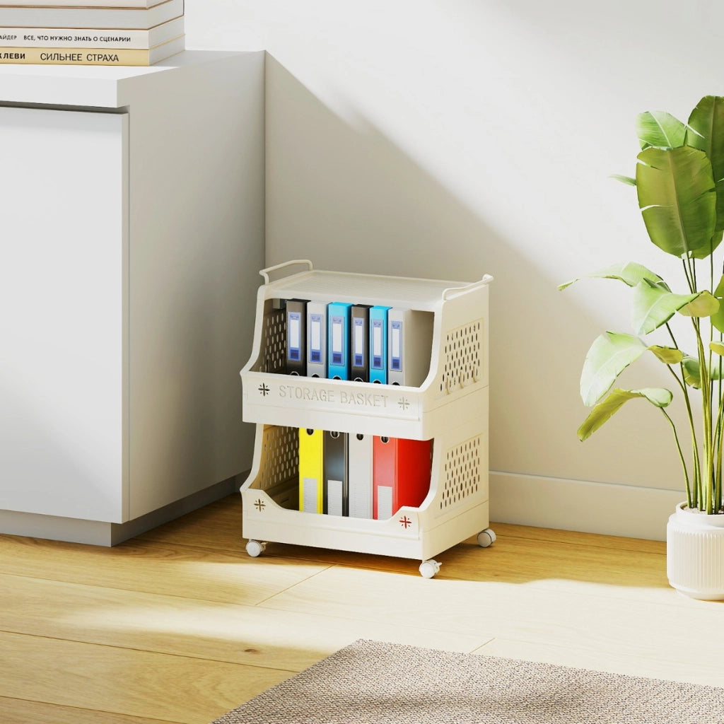 Cestino per bucato 3 piani carrello impilabile in plastica, Cestino per bucato organizzatore aperto per lavanderia Beige-Cesti del bucato