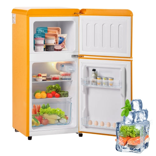 Frigorifero retrò; congelatore; doppia porta; volume totale 60L; vano congelatore 22L; luce LED; efficiente energetico; giallo antico