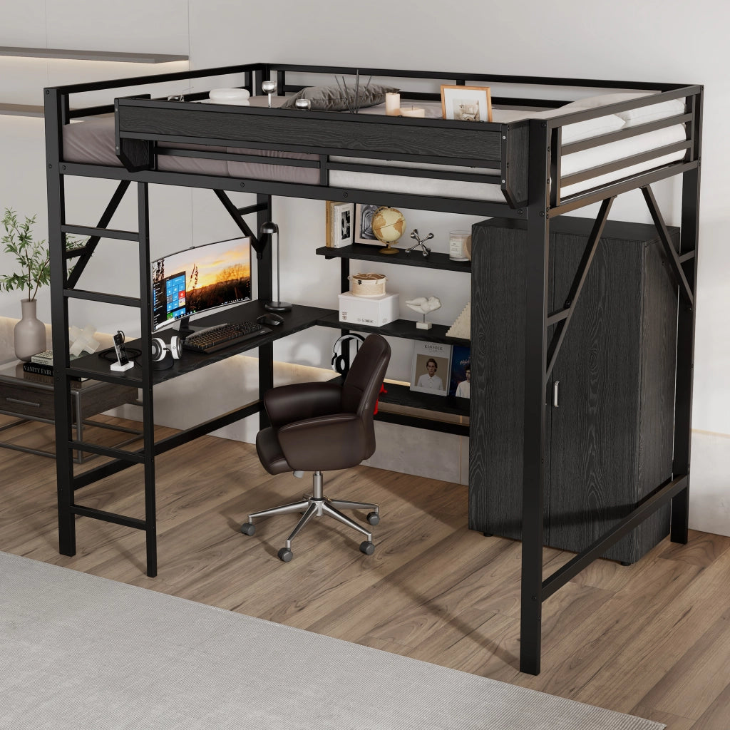 Letto a castello con scrivania e armadio 140x200 cm realizzato in MDF nero e metallo