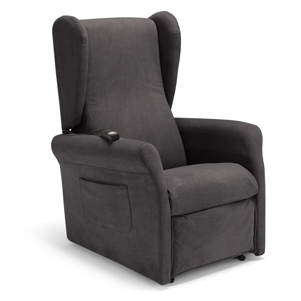 Poltrona relax elettrica PISA MADE IN ITALY per anziani e disabili, 2 motori, 4 ruote, Kit Batteria, reclinazione e alzapersona, Tessuto Antimacchia, colore Grigio