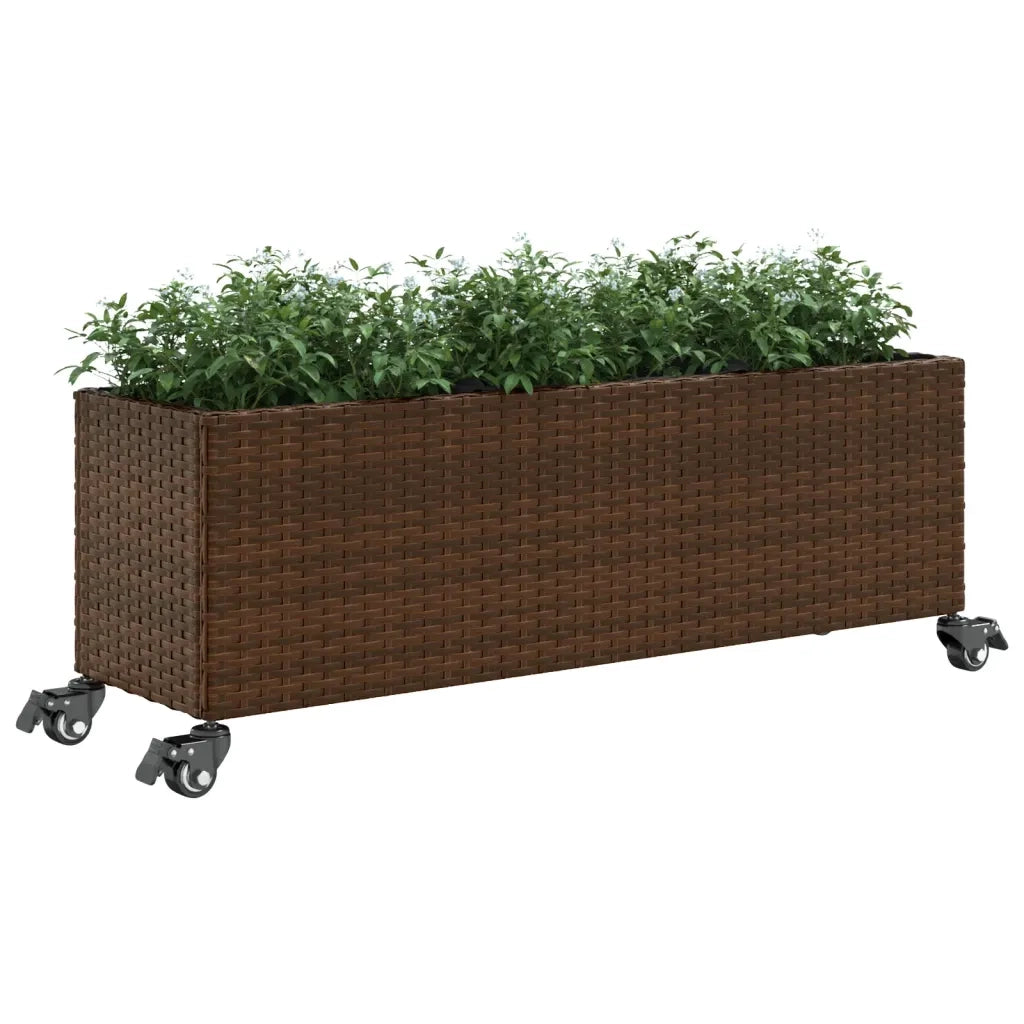 Fioriera con Ruote e 3 Vasi Marrone 107x32x38 cm in Polyrattan