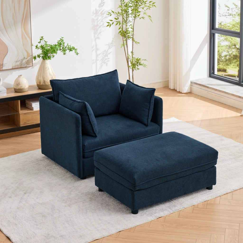 Poltrona lounge modulare in velluto blu con pouf contenitore separato