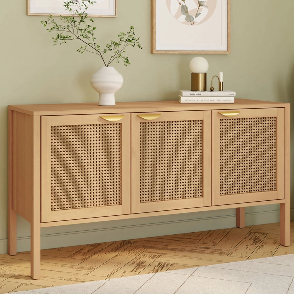 IDMarket - EDHEN Aparador bajo de 3 puertas con mimbre 110 cm
