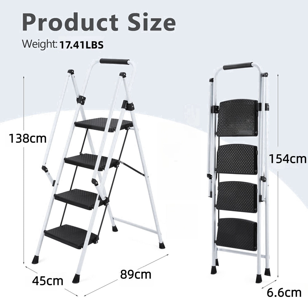Scala Pieghevole 4 Gradini ¨C Xylo ¨C Acciaio Bianco, Pedali Antiscivolo, Maniglia di Sicurezza
