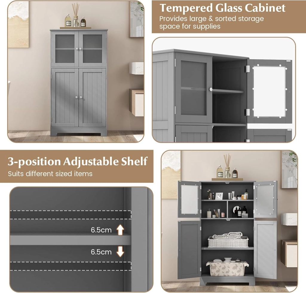 Mobile da bagno con 4 porte, ripiano regolabile a 3 livelli, cassettiera in legno per WC, ingresso, soggiorno e cucina, 60 x 30 x 109 cm (grigio)