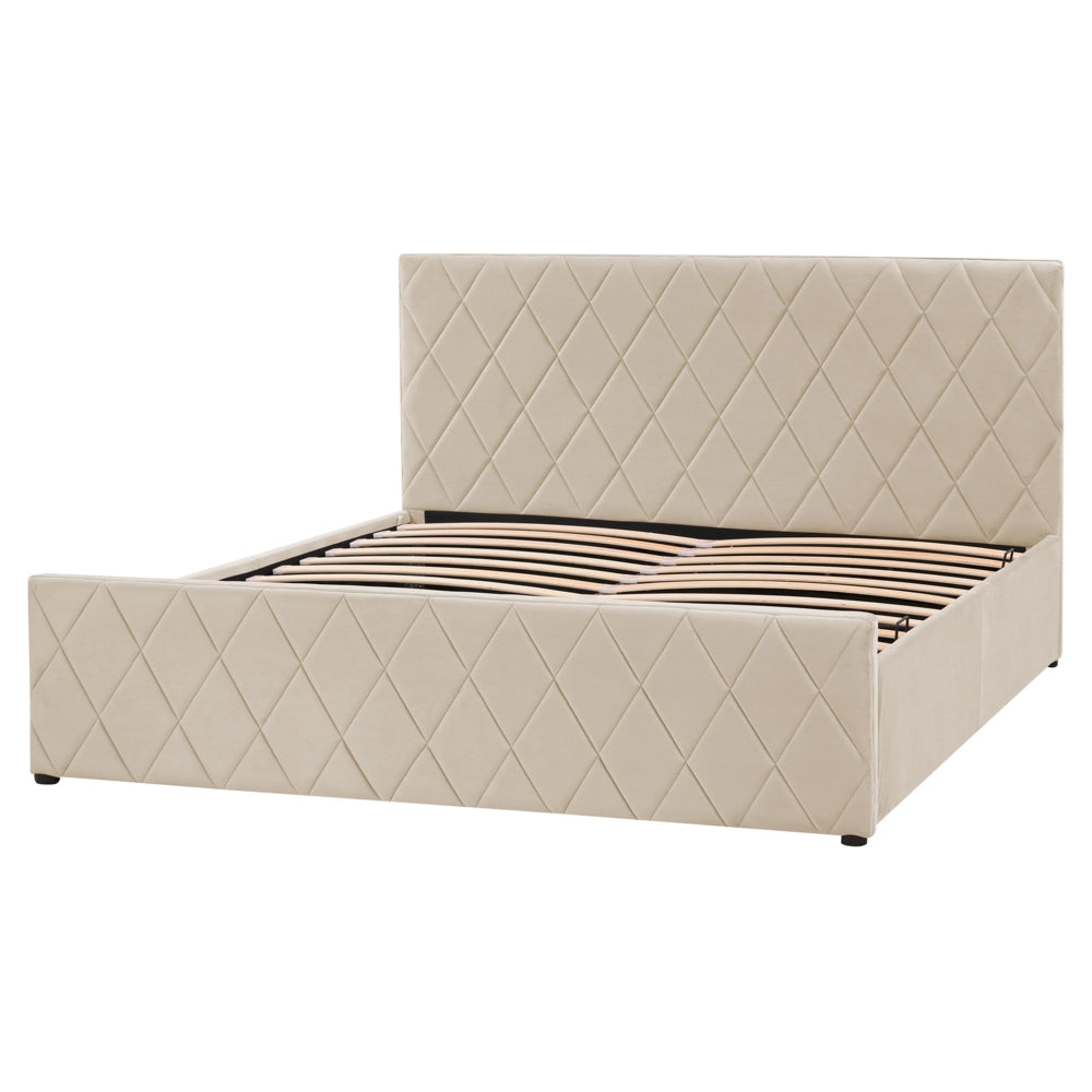 Letto contenitore Rivestimento in velluto beige 160 x 200 cm con testiera trapuntata a diamante con base a doghe