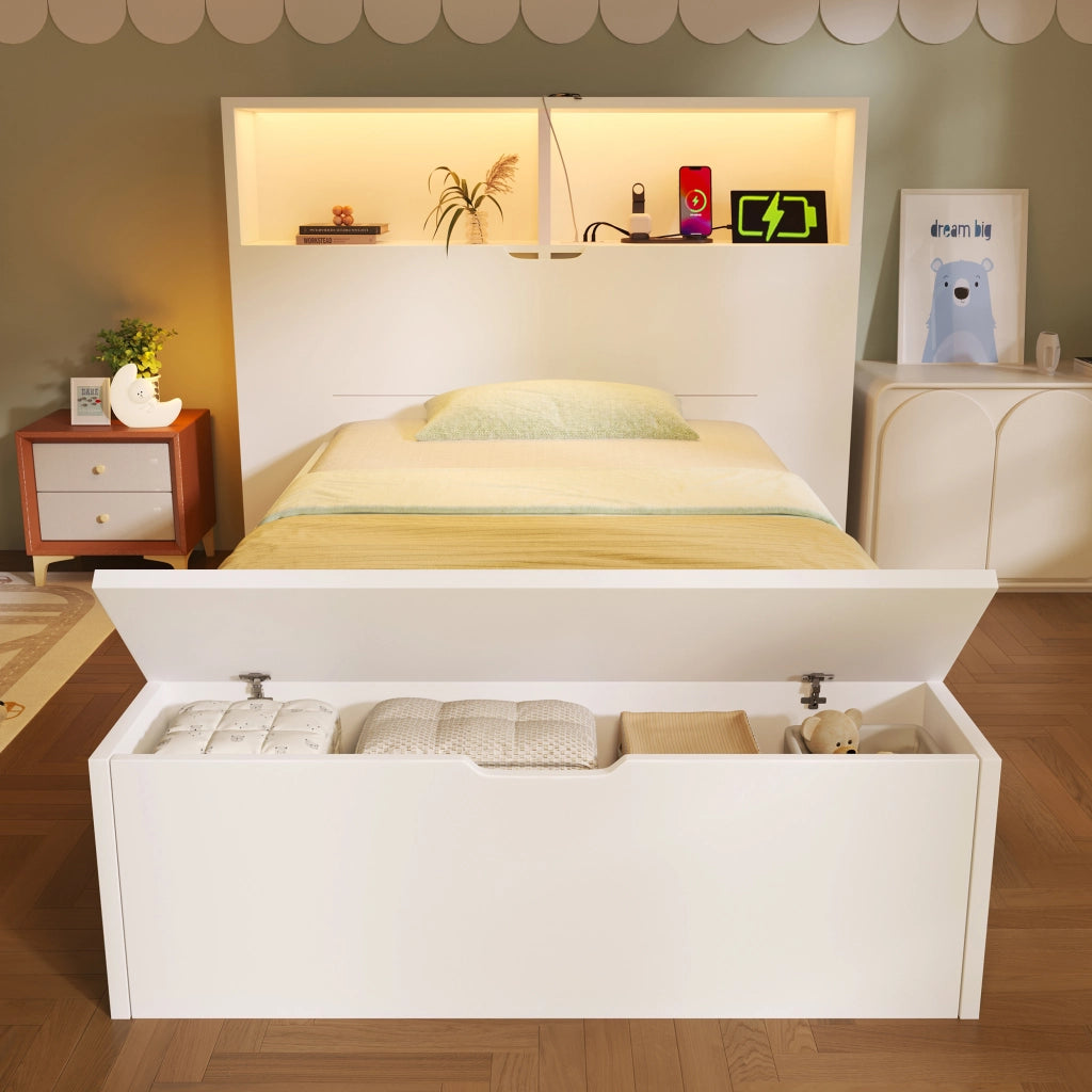 OKWISH Letto Singolo 90×200 cm con LED Regolabile, USB e Tipo C, 2 Cassetti, Mensole e Panca Contenitore, senza Materasso, Bianco
