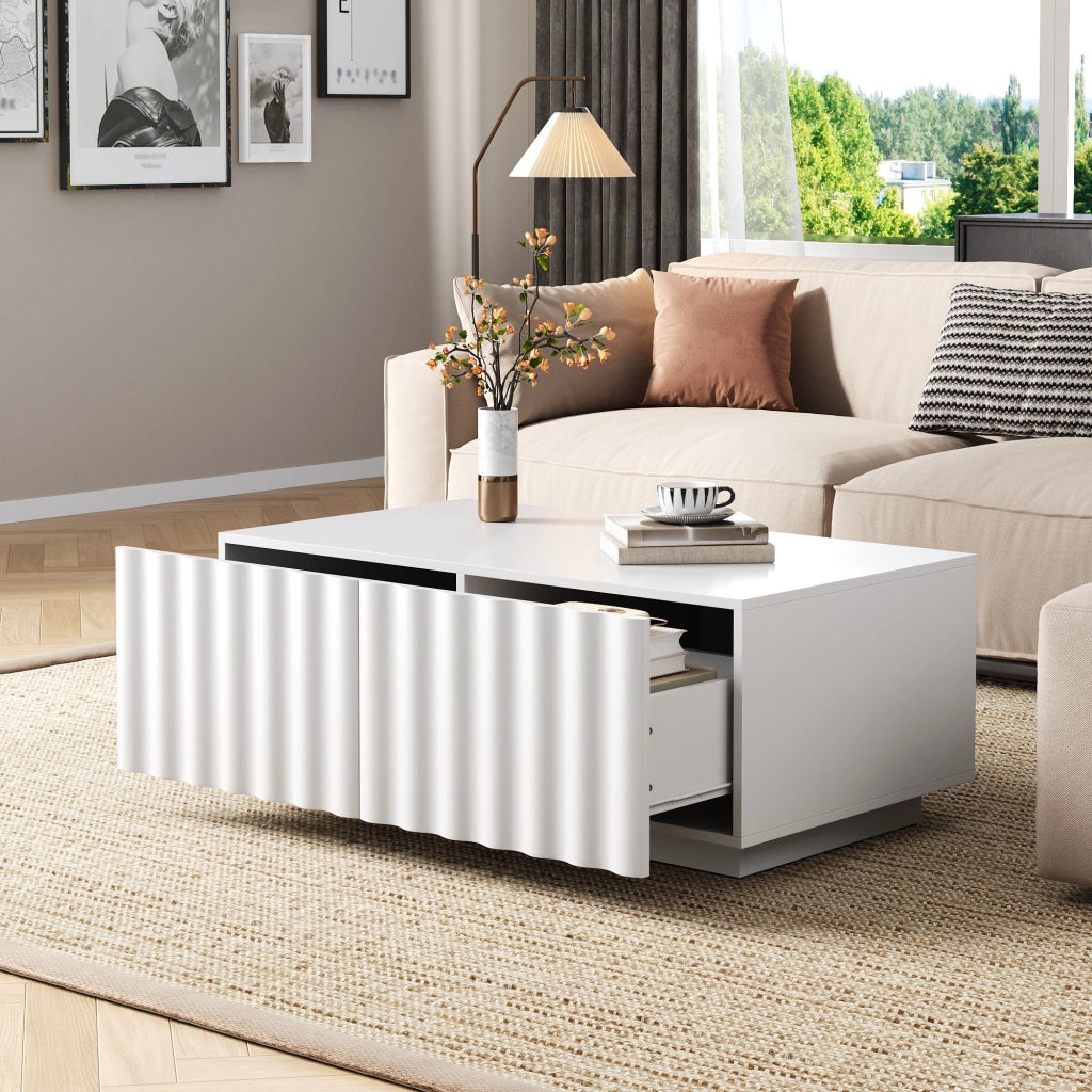 Tavolino basso fisso con due cassetti e fronte a onde in MDF e pannello truciolare bianco 100 × 50 × 40 cm