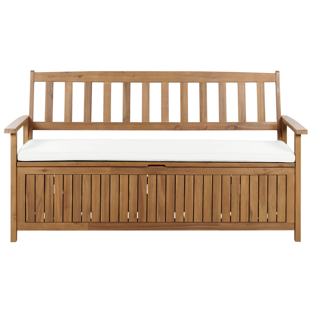 Panchina per esterni con contenitore in legno massiccio di acacia a 3 posti 160 cm con cuscino color bianco sporco