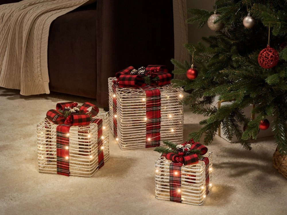 Set di 3 scatole regalo natalizie luminose bianco sporco con luci LED Decorazioni natalizie con fiocchi per uso interno