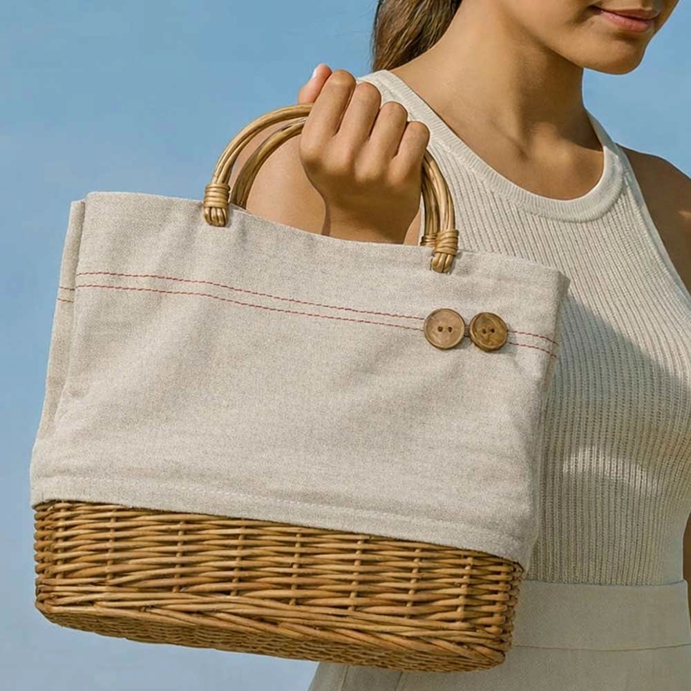 Borsa mare Spring in vimini con manico e tela beige con bottoni 29x13,5x h 27,5