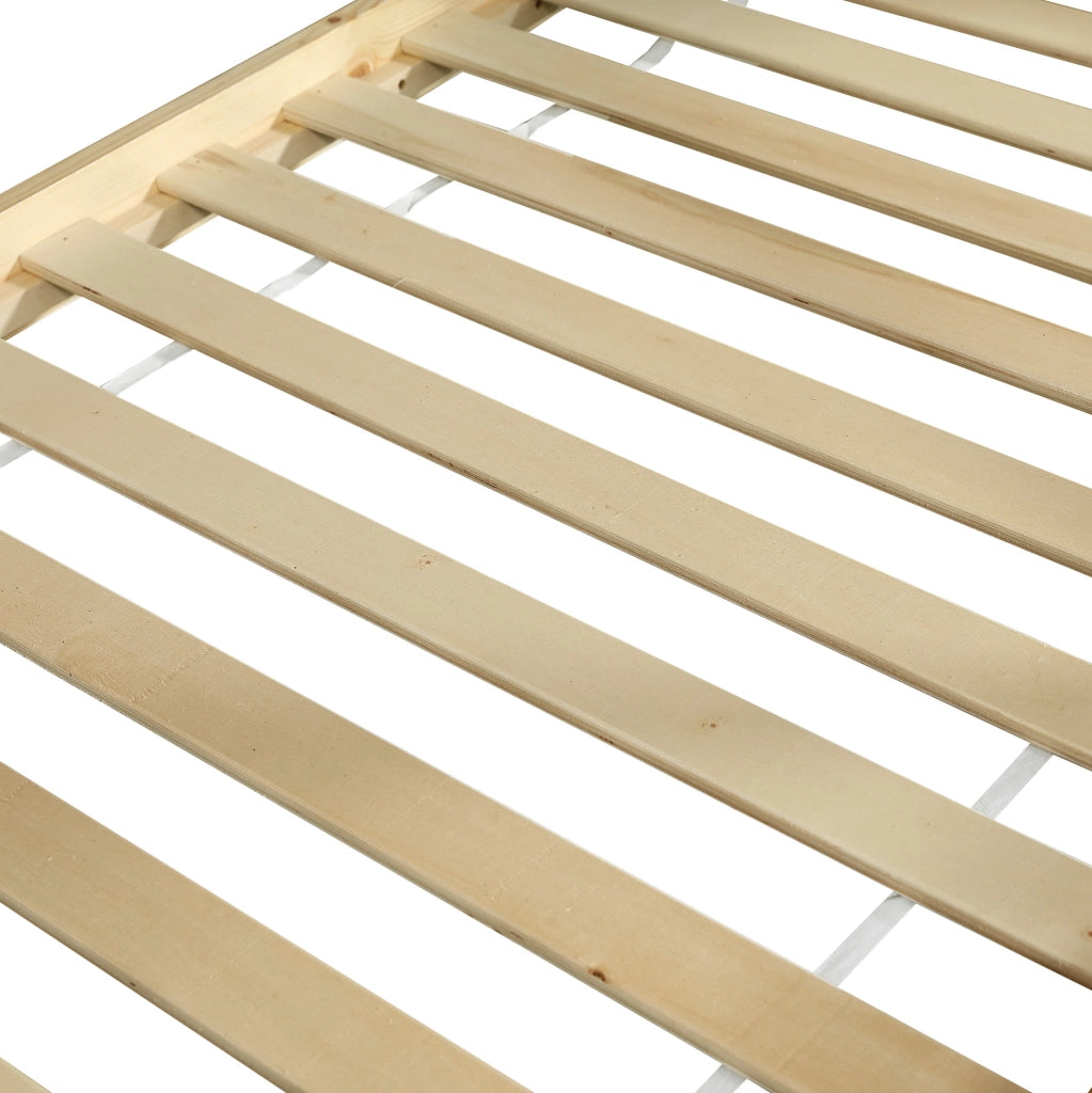 Letto a castello 90x200 cm con scala inclinata; finestre e tetto in pino e MDF bianco naturale