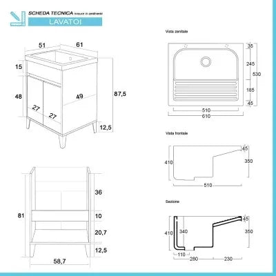 Mobile lavatoio 60x50 cm linea Way bianco lucido con vasca e strofinatoio