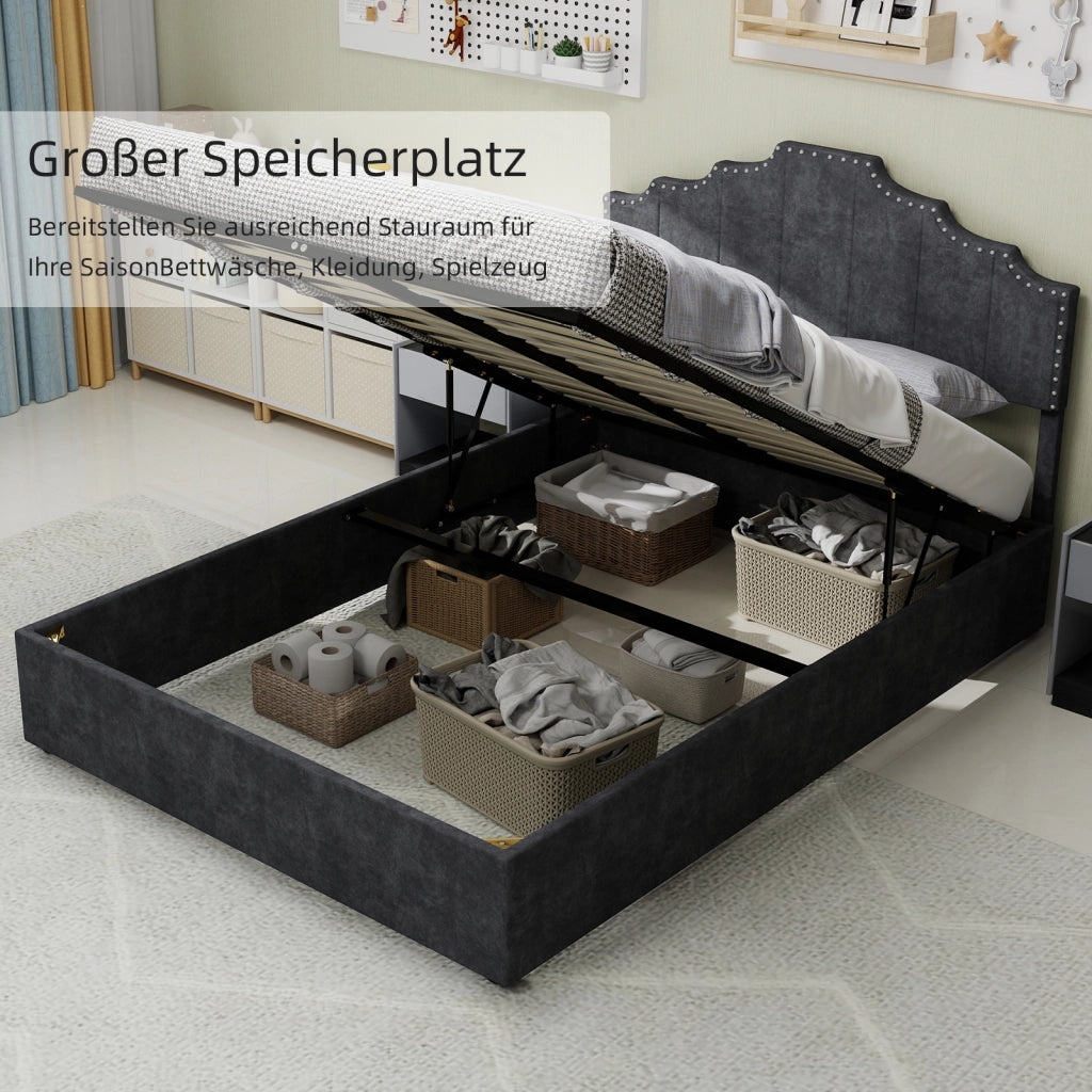 Letto Contenitore Matrimoniale 160x200 cm; con Testiera Geometrica in Tessuto; Grigio