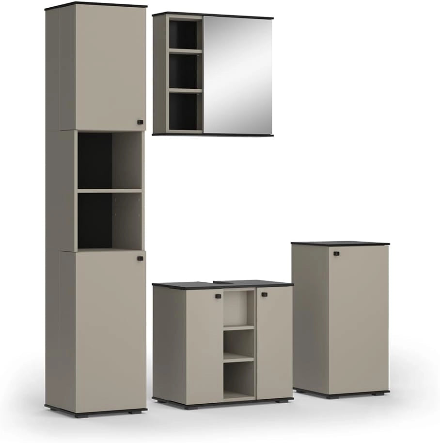 Set di mobili da bagno Joli, Grigio, 60 cm, composto da mobile sottolavabo, specchiera e colonna alta