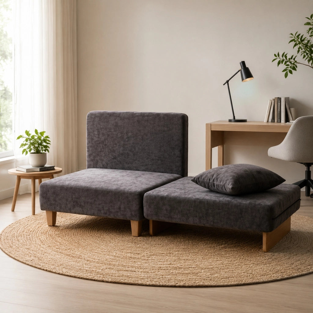 Poltrona letto 2 in 1 in poliestere grigio scuro con due cuscini lavabili tasche laterali letto singolo da 183 cm