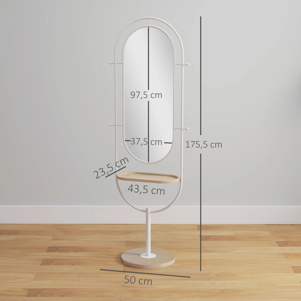 Specchio a Pieno Corpo con Mensola e Ganci ¨C zephmum ¨C Bianco Metallo Legno 175.5x50 cm