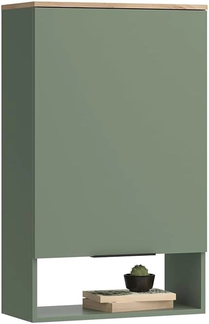 Libreria da parete Wido, Verde, 60 x 100 cm con porta, adatto al montaggio a parete per bagno o cucina