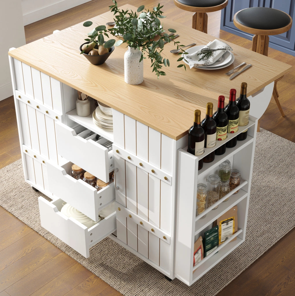 Isola da cucina 110x42x90 cm con piano ribaltabile; 3 cassetti; ante scorrevoli; MDF bianco
