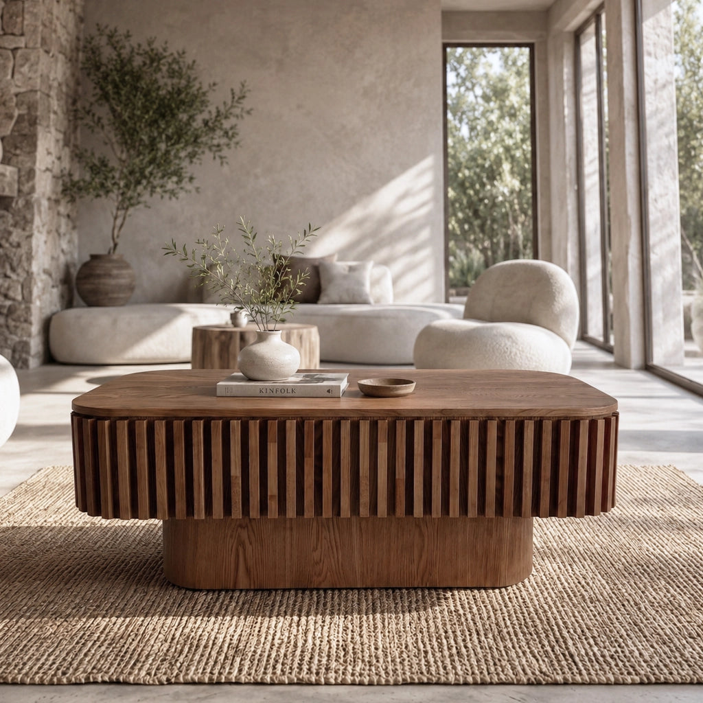 Tavolino basso con contenitore nascosto e coperchio removibile in legno e MDF colore noce