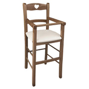 Seggiolone in legno color noce chiaro con seduta imbottita in similpelle beige