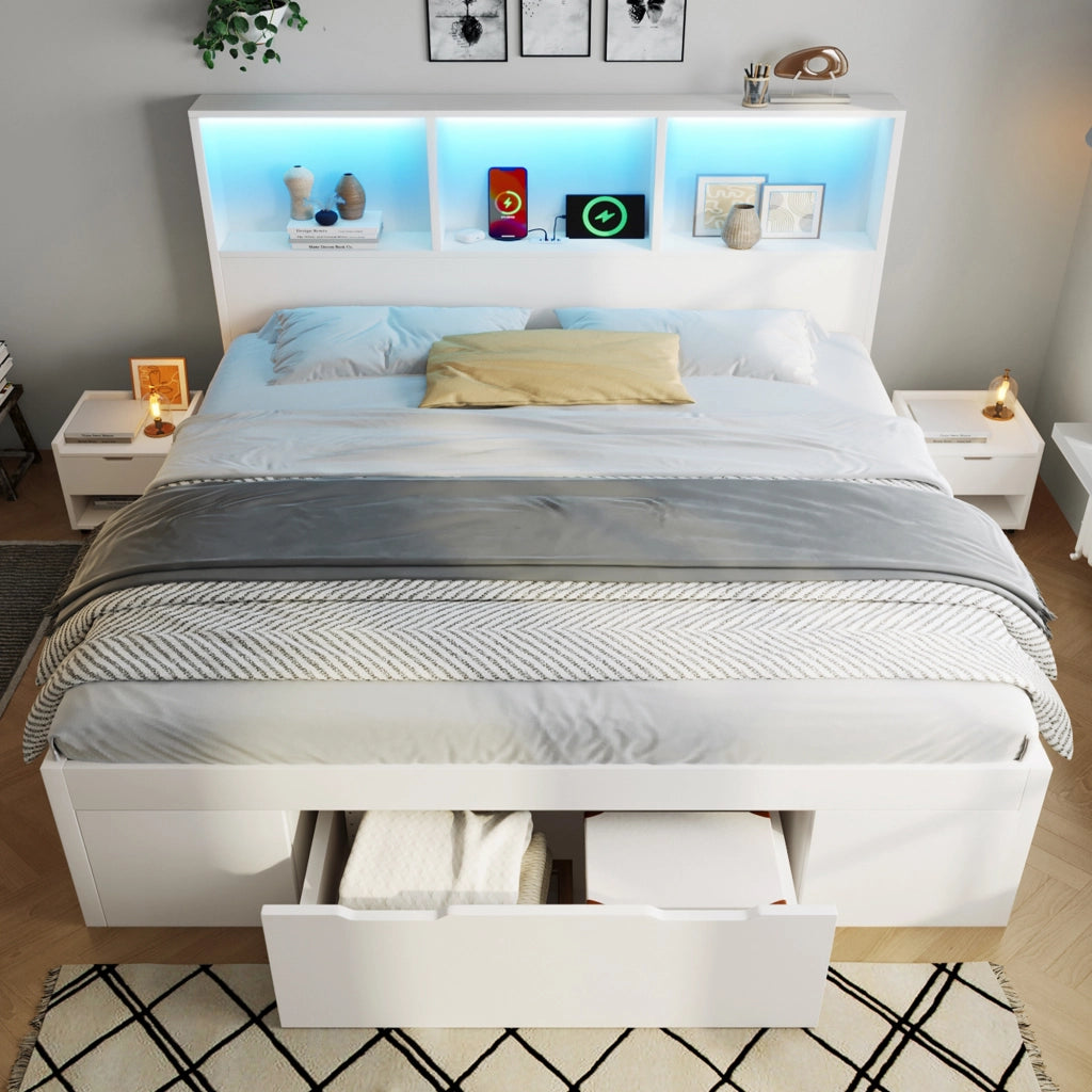 DESMIU Letto Matrimoniale 140 × 200 cm con 2 comodini mobili, LED, USB e Type C, senza materasso, in legno, bianco
