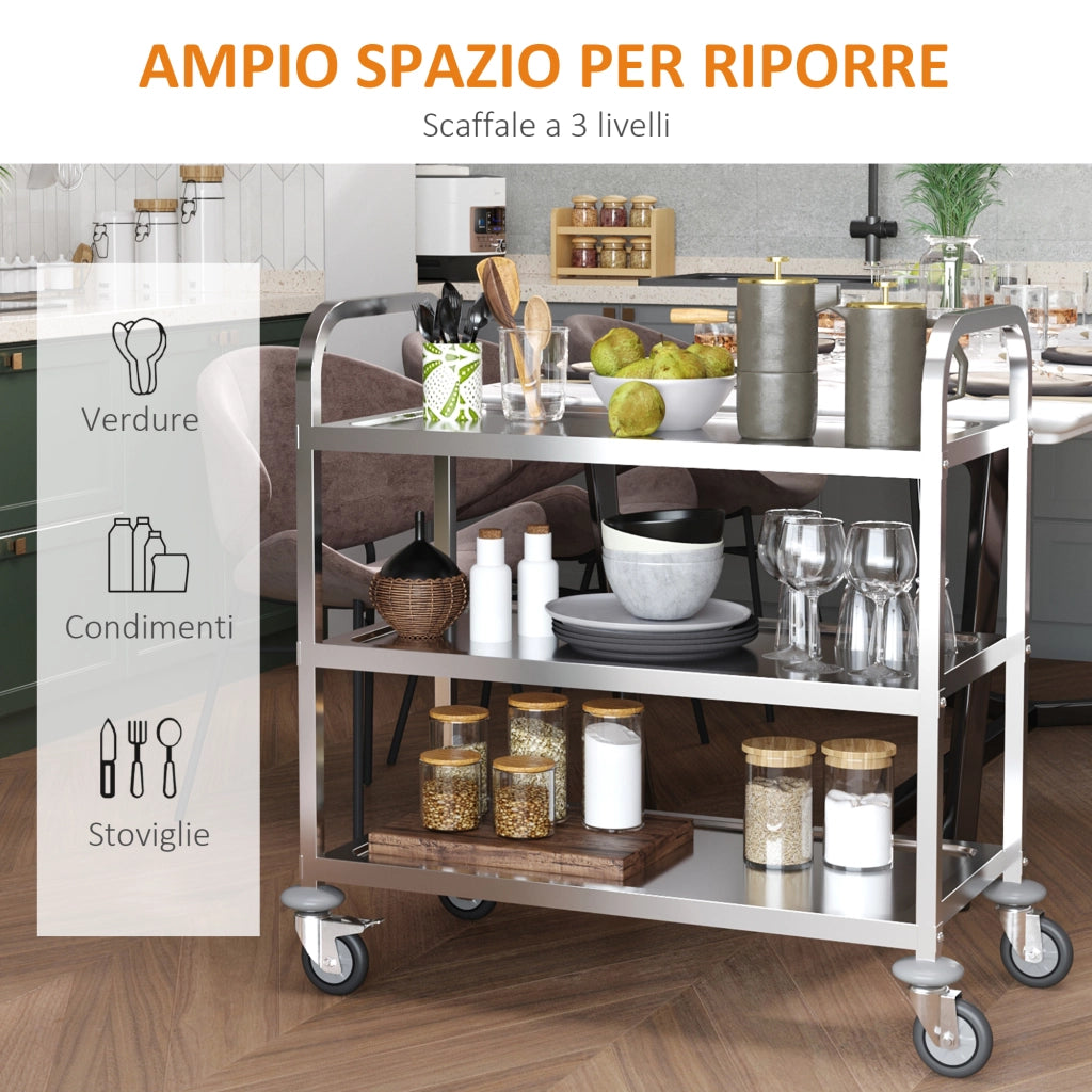 Carrello da Cucina 3 Ripiani Aperti 4 Ruote Omnidirezionali ¨C zephmum ¨C Acciaio Inossidabile Argento 90.5x50.5x88.2cm