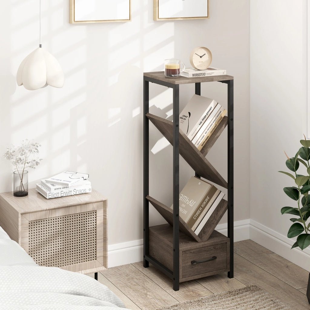 Organizzatore di stoccaggio a 4 ripiani con cassetto-Libreria alta e stretta per spazi ridotti Grigio & Nero