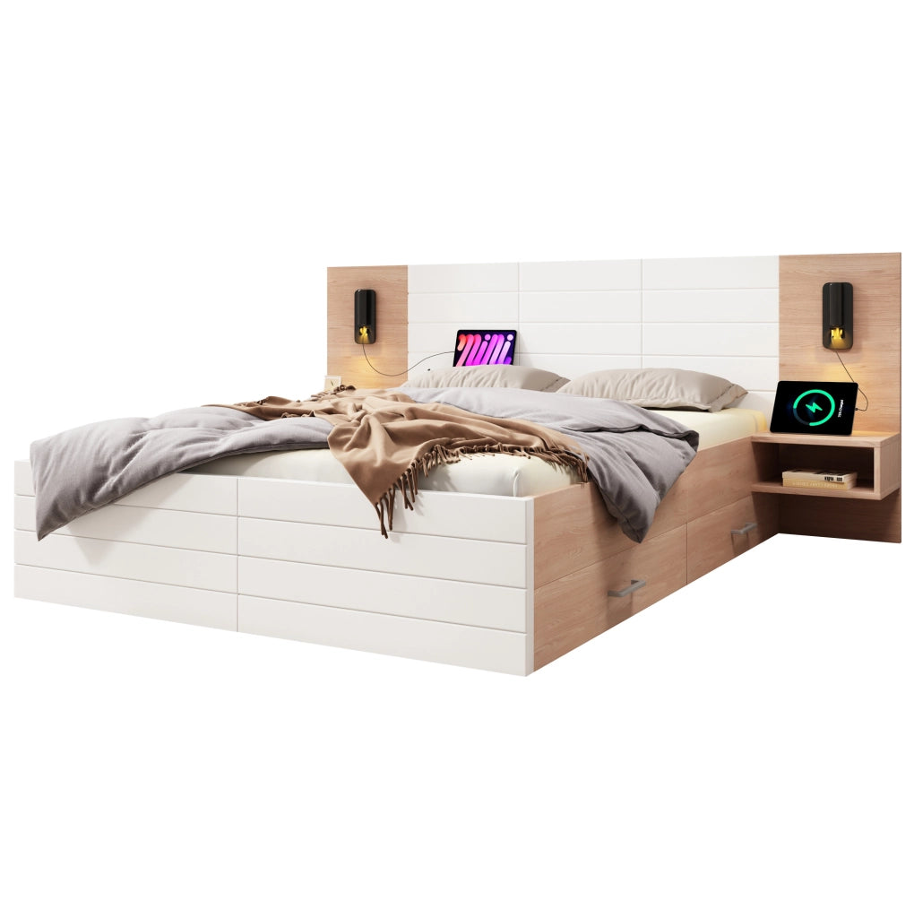 Letto matrimoniale 140x200 cm in legno massiccio e MDF con 2 cassetti; luce da lettura; USB e materasso