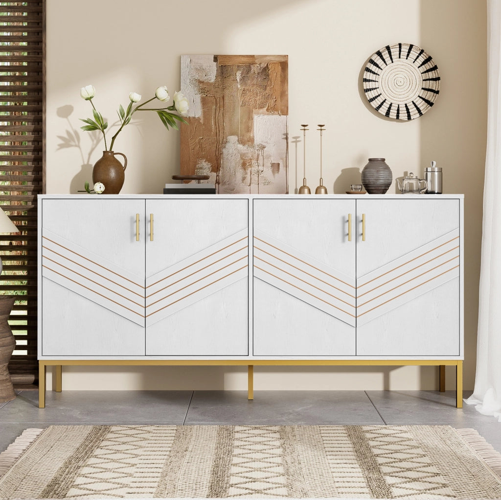 Sideboard moderno bianco e oro in MDF con 4 porte, ripiani regolabili, per soggiorno e corridoio