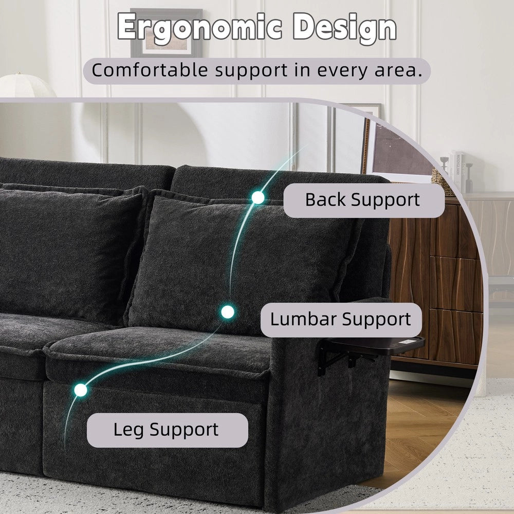 Divano Letto con Contenitore ¨C MINIMAL ¨C Chenille, Nero, Schienale Regolabile 5 Posizioni, USB