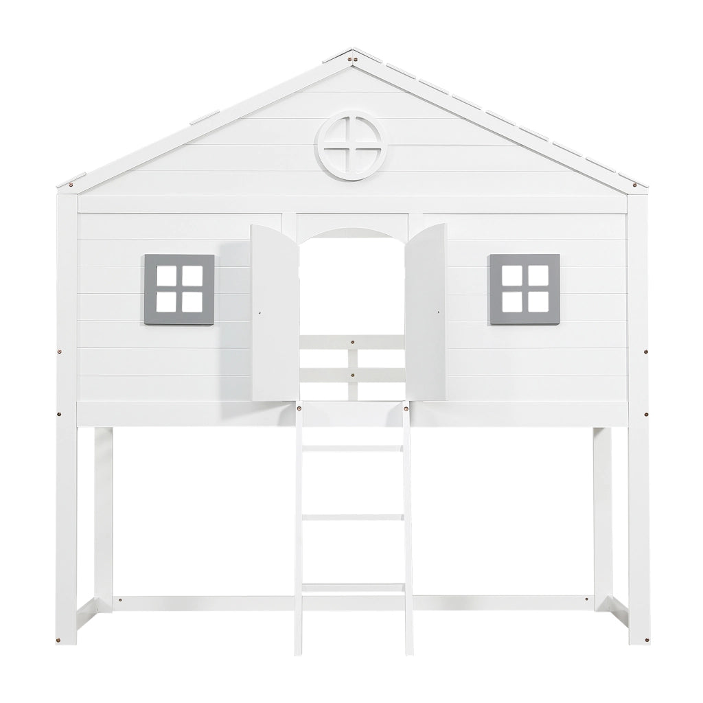 Letto a soppalco 90x200 cm con scala e protezione anticaduta; pino e MDF; bianco e grigio con finestre