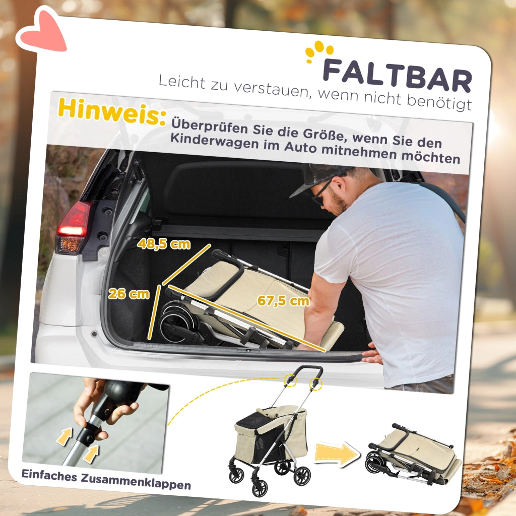 Carrello pieghevole in alluminio per cani e gatti fino a 10 kg con finestre a rete, ruote e freno, khaki