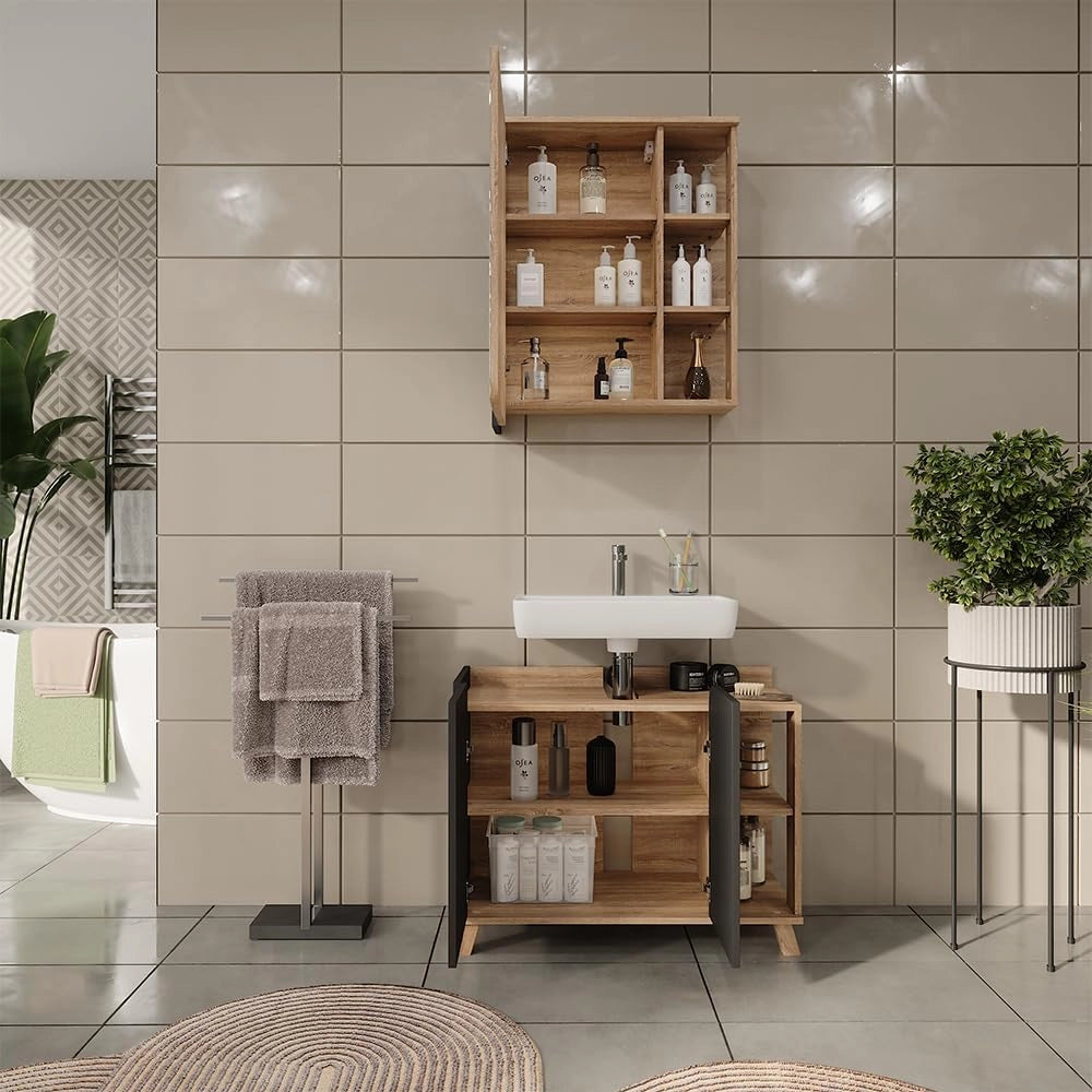 Set di mobili da bagno Karen, Sonoma/antracite, 80 cm, composto da specchio da bagno e mobile sottolavabo