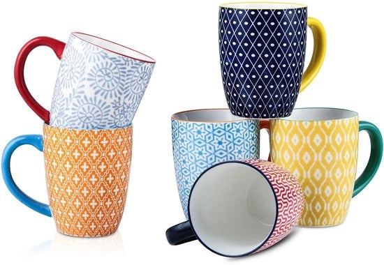 Set di tazze da caffè Selamica da 6, 473 ml, tazze da caffè in porcellana, grande set di tazze con manico, tazza per caffè, latte, tè, lavastoviglie, forno e microonde, colorato