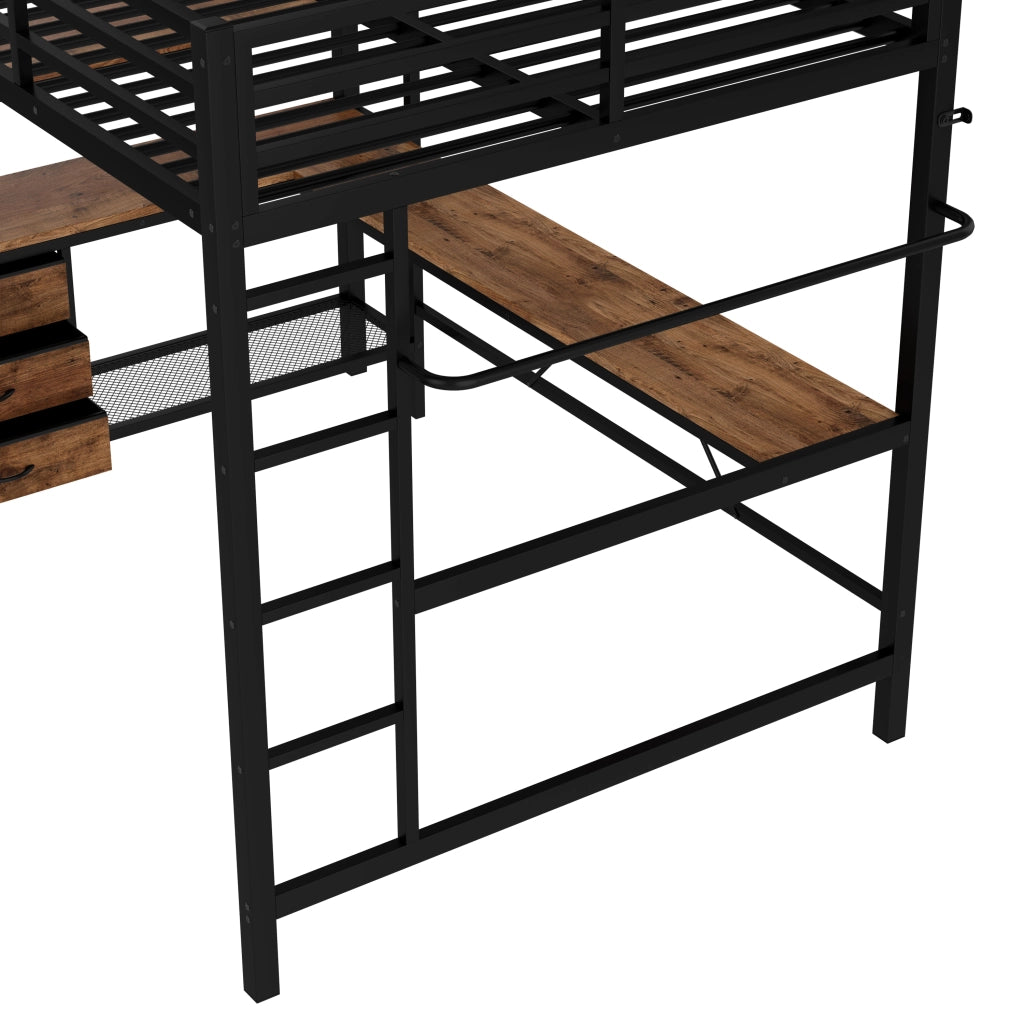 Letto a Soppalco 2 Posti con LED; Scrivania; USB; 3 Cassetti e Mensole 140 × 200 cm; senza Materasso