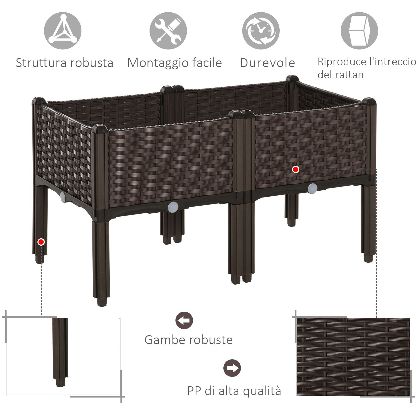 Fioriera da Giardino 40x40x44 cm in Polipropilene Marrone
