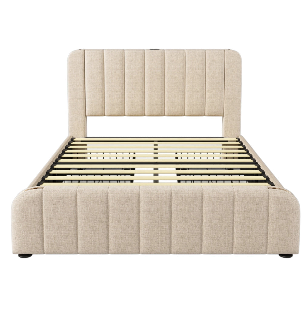 Letto matrimoniale imbottito ULEVR 160x200 cm con 4 cassetti, USB e Type-C, lino beige