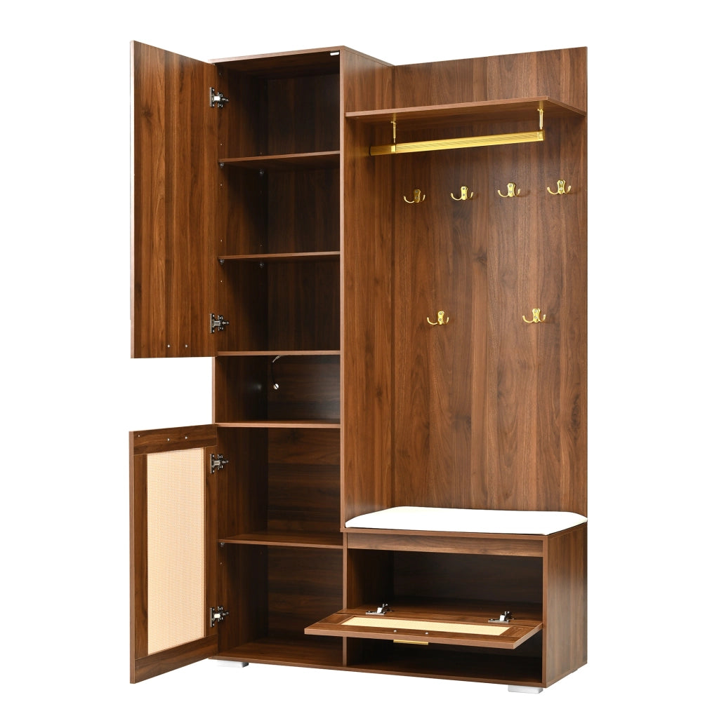 Mobile ingresso con specchio; LED 16 colori e panca; 110 x 38 x 190 cm; rovere noce e bianco