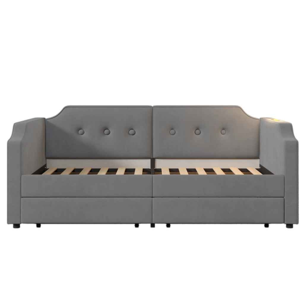 Letto imbottito 90x200 cm in velluto grigio con 2 cassetti, USB Type-C, lampada da lettura e rete a doghe