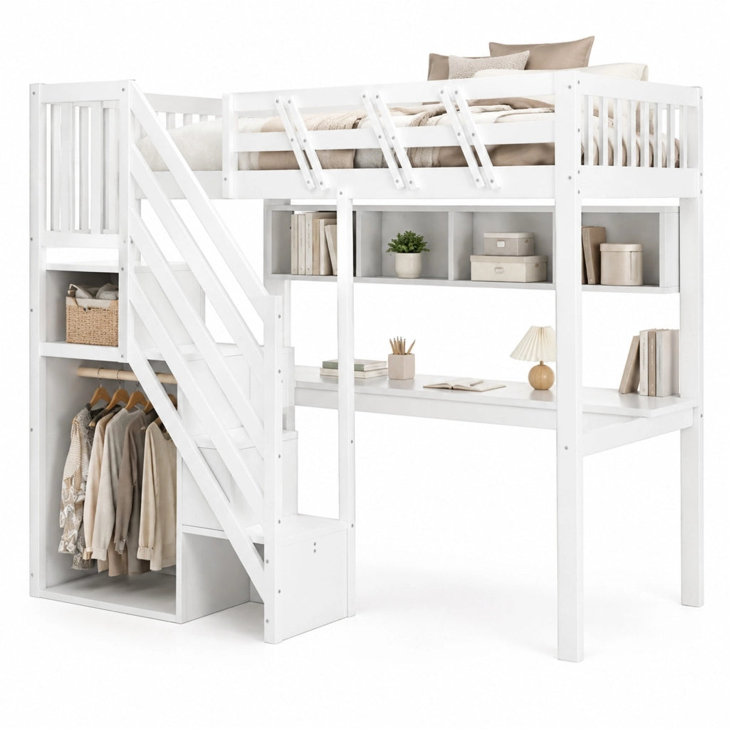 Letto a soppalco 90x200 cm con scrivania; scala contenitore e LED; bianco
