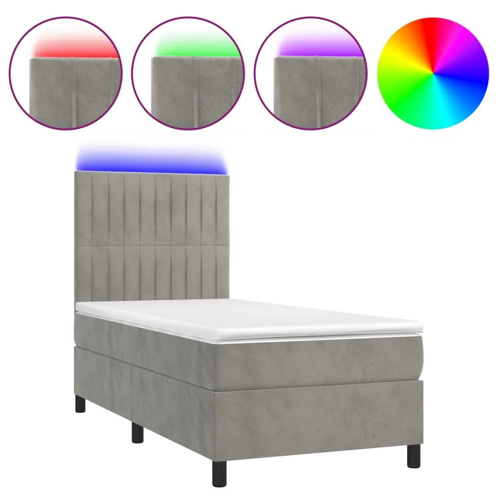 Letto singolo | Letto per adulti | Letto a Molle Materasso e LED Grigio Chiaro 90x200 cm Velluto