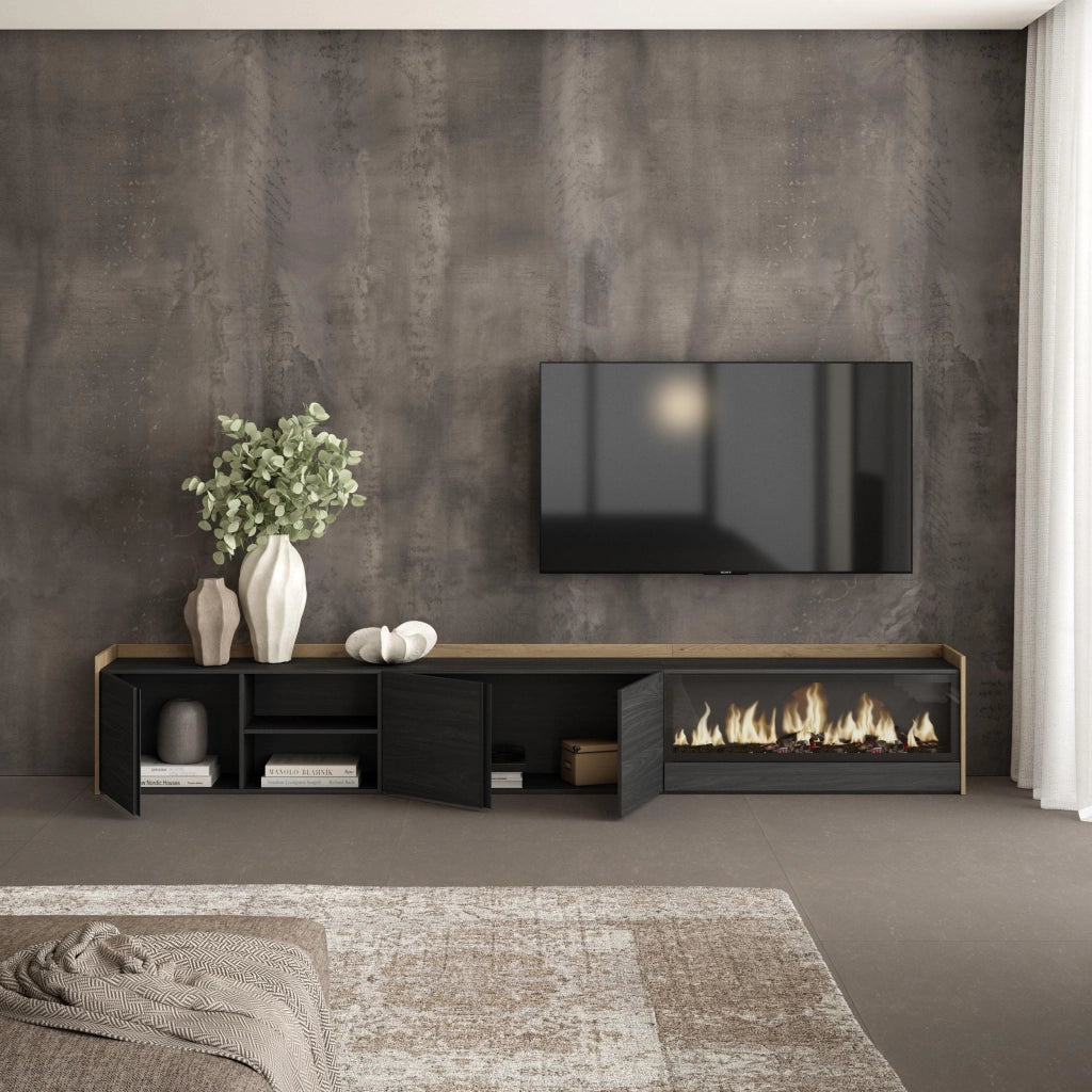 Mobile TV Soggiorno, 315x50x35 cm, Per TV fino a 80", Camino elettrico XXL, Nero e rovere