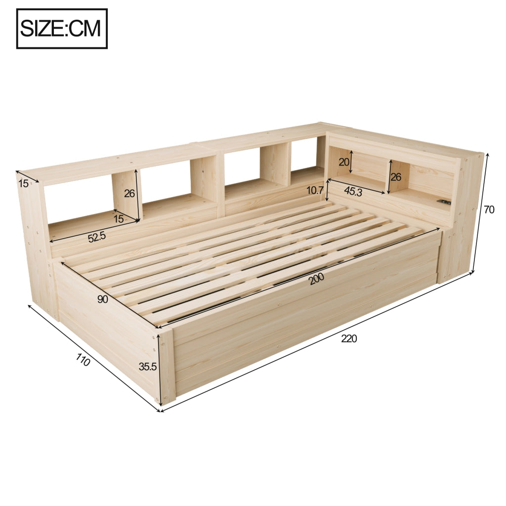 Letto singolo 90 × 200 cm con presa multifunzione, luce LED, vani contenitore e senza materasso, legno naturale