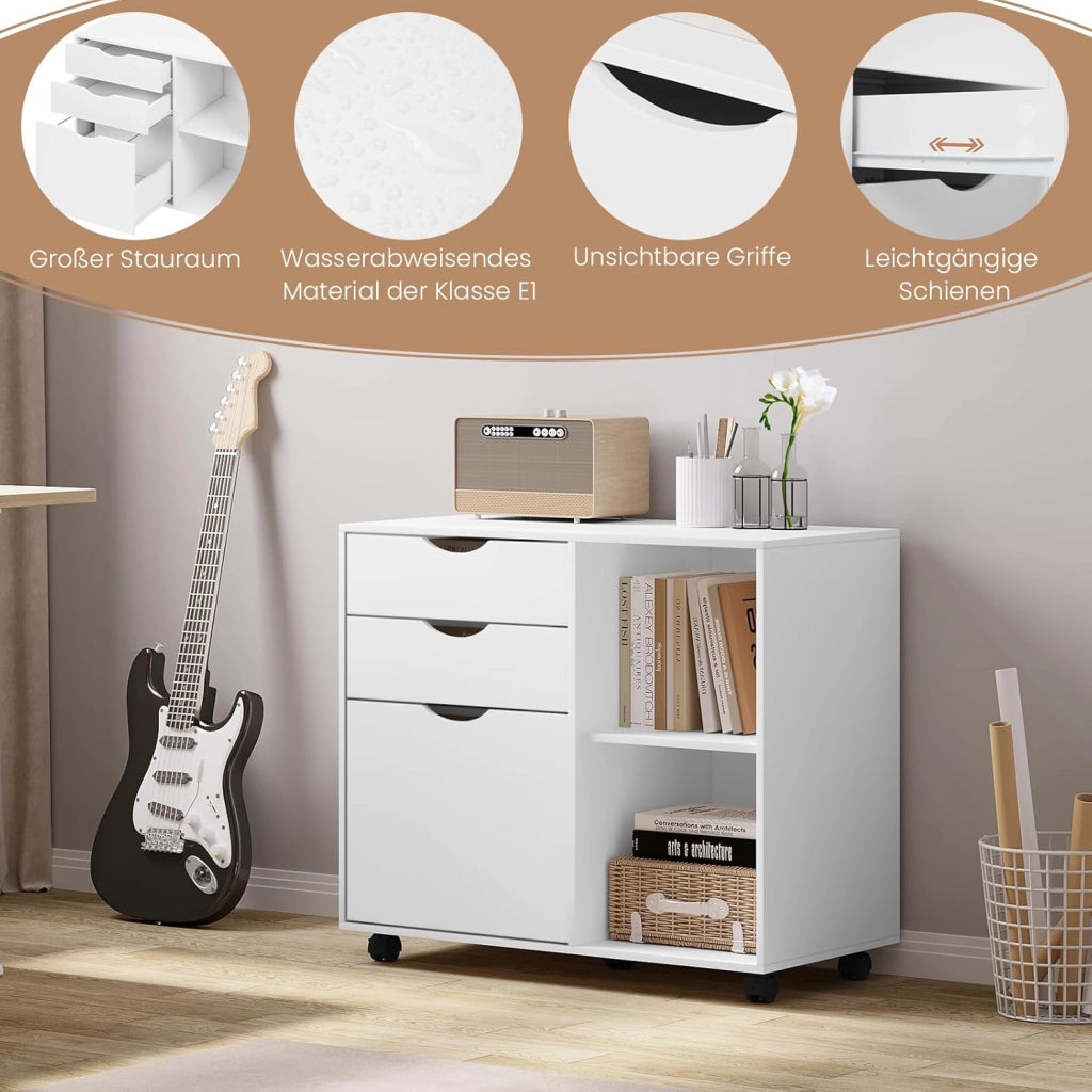 Schedario Mobilet con 3 Cassetti e 2 Ripiani Aperti, Cassettiera con 5 Ruote e Binario per Appendere, Armadio Ufficio per Cartelle e Documenti a4, 80x39,5x69,5 cm, Bianco