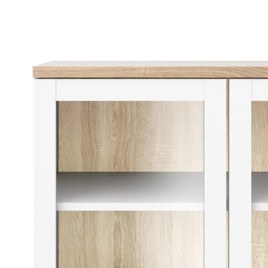 Vetrina Hudhud, Credenza espositiva, Vetrinetta multiuso, Madia da soggiorno, 89x36 h203 cm, Bianco e Quercia