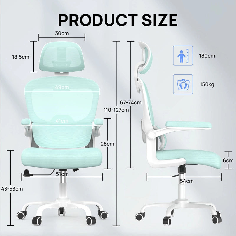 Sedia da ufficio ergonomica - Poltrona HAMLODY - con braccioli pieghevoli a 90° - Supporto lombare - Regolabile in altezza Verde