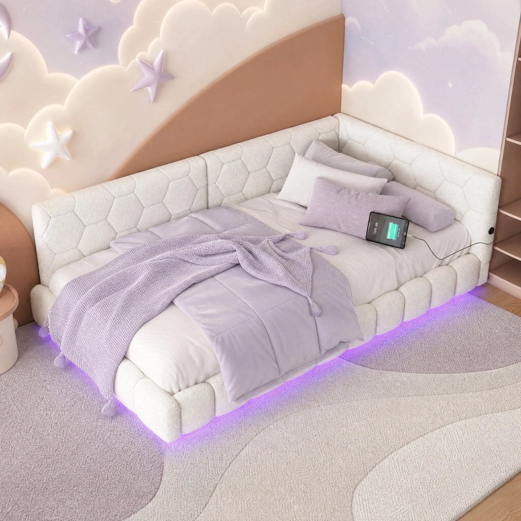 Letto da giorno 90x200 cm con luci LED; USB e Type-C; bianco