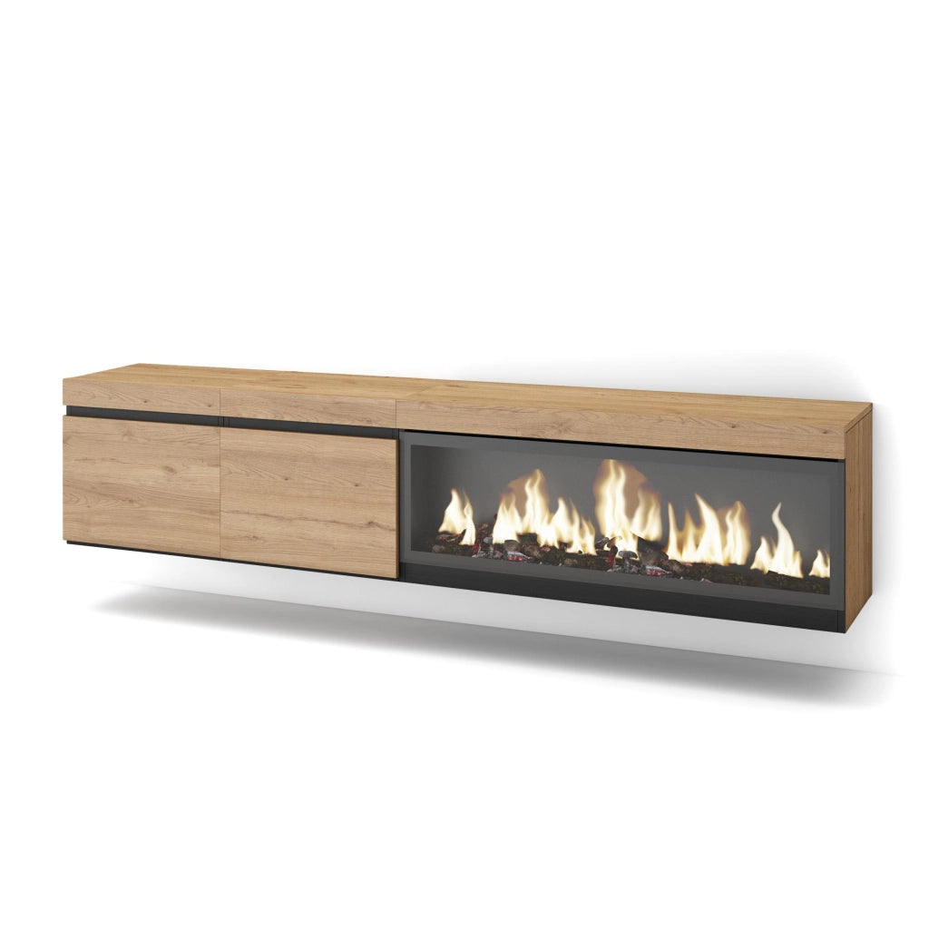 Mobile TV Soggiorno, 208x35x45cm, Per TV fino a 80", Camino elettrico XXL, da appendere, colore Rovere RF3281