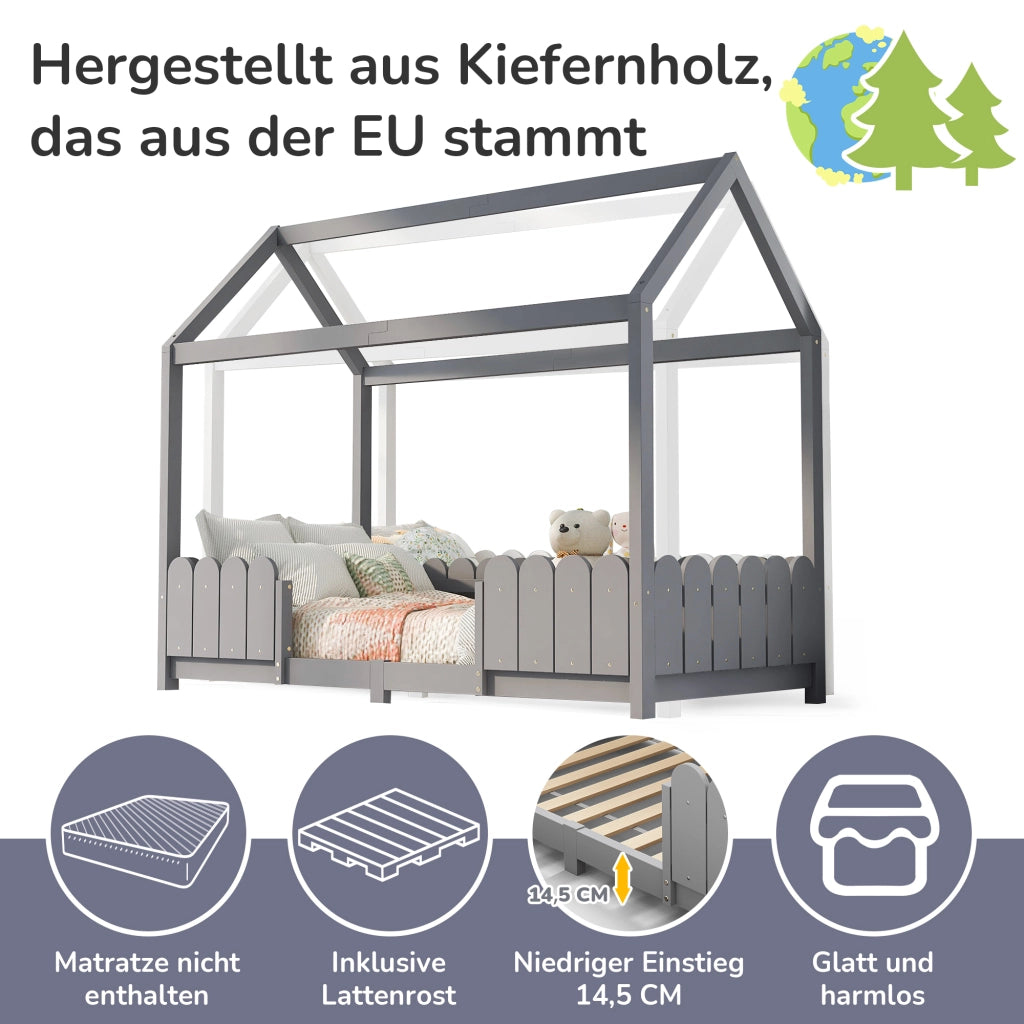Letto a casa 90x200 cm grigio in legno massello con rete a doghe e protezione anticasco